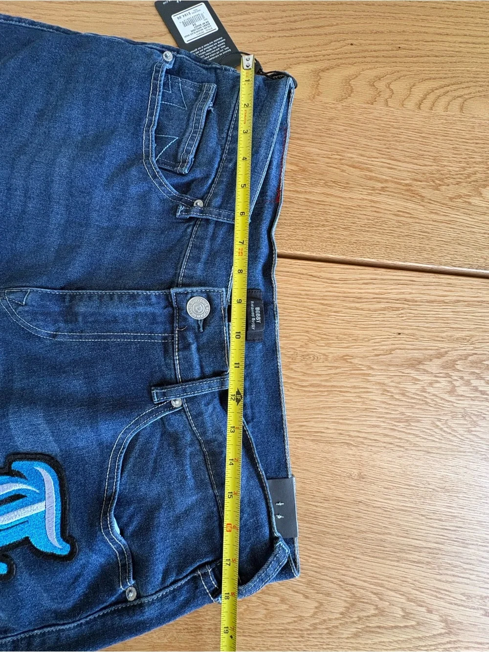 True Religion Bobby Baggy Mens Jeans W34 L32 Applique Blue Distressed Denim